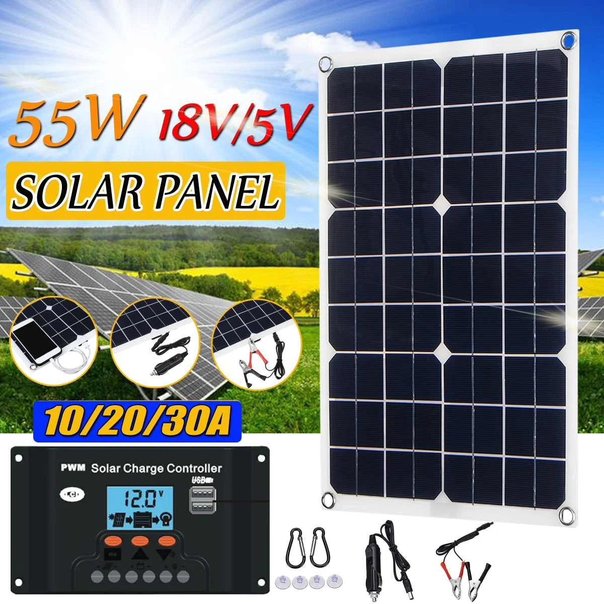 

New 55W USB 12V Solar Panel with Car Charger + 10/20/30/40A USB Solar Charger Controller for Outdoor Camping LED Light