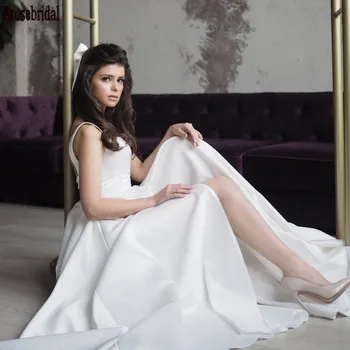 

Simple Style 2020 Wedding Dress A Line New Fashion Elegant Satin Wedding Gown Bridal Sexy Front Split White Wedding Dress