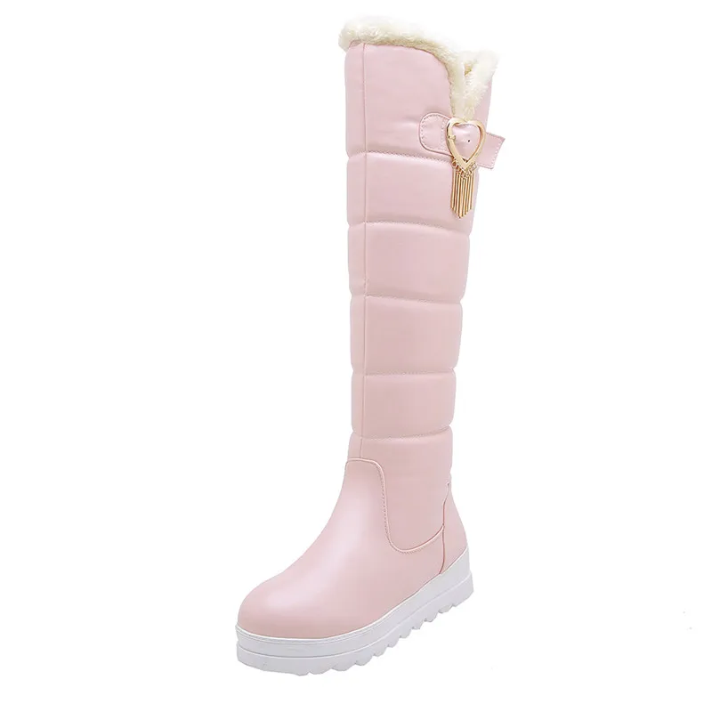 MORAZORA/ г. Большие размеры 33-43, модные женские зимние ботинки зимние сапоги на платформе на Плоском Каблуке С Круглым Носком однотонные сапоги до колена из pu искусственной кожи - Цвет: Розовый