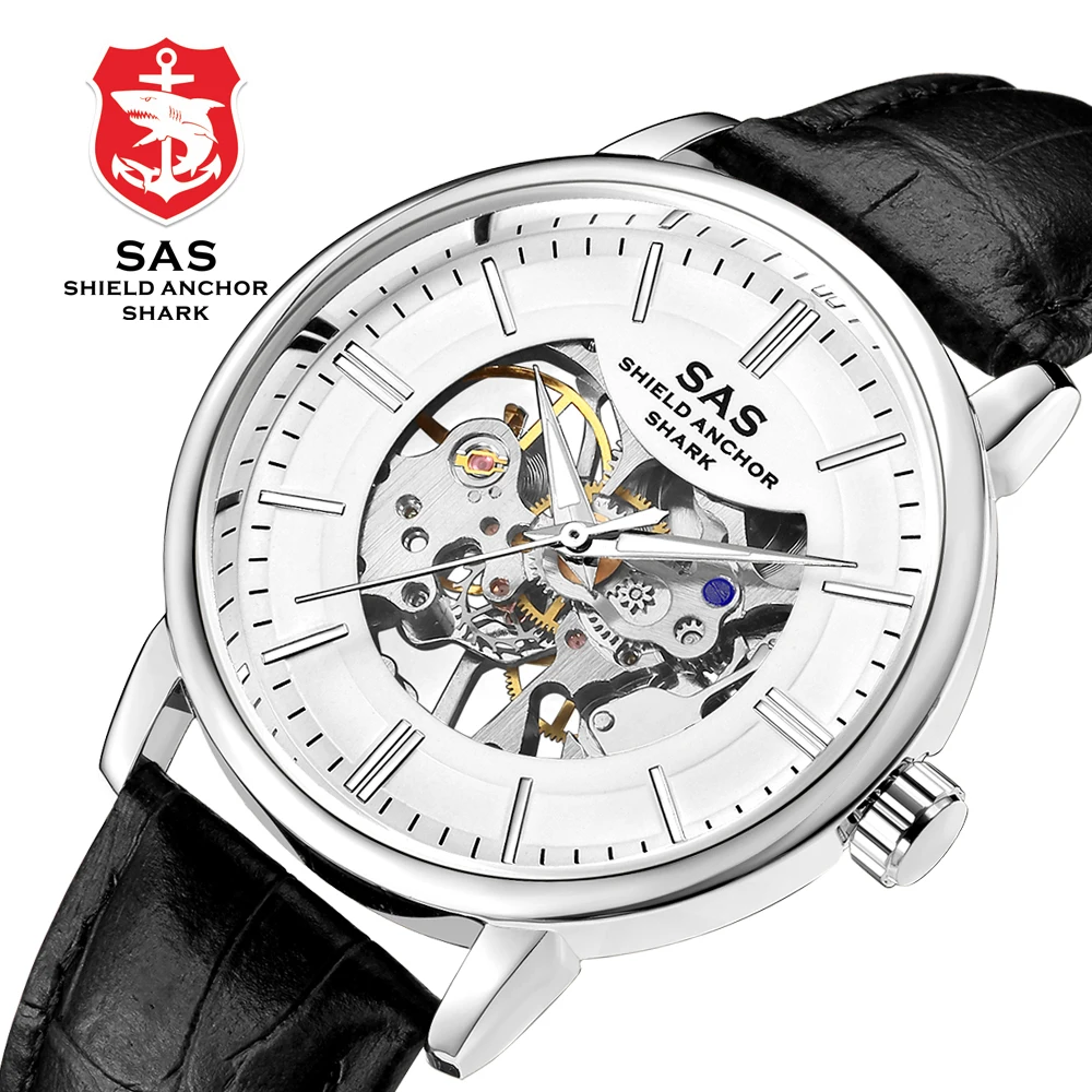 Sas Shield Anchor Shark Лидирующий бренд Мужские часы Скелет механические часы кожаный ремешок Часы мужские Бизнес Мода erkek kol saati