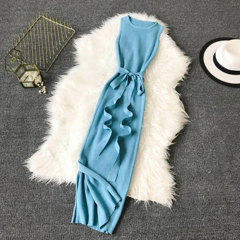 Blue Gaganight трикотажное облегающее Макси-Платье, женское модное однотонное эластичное платье с круглым вырезом, без рукавов, с поясом, Элегантное Длинное Платье для офисных леди, корейское - Цвет: Blue