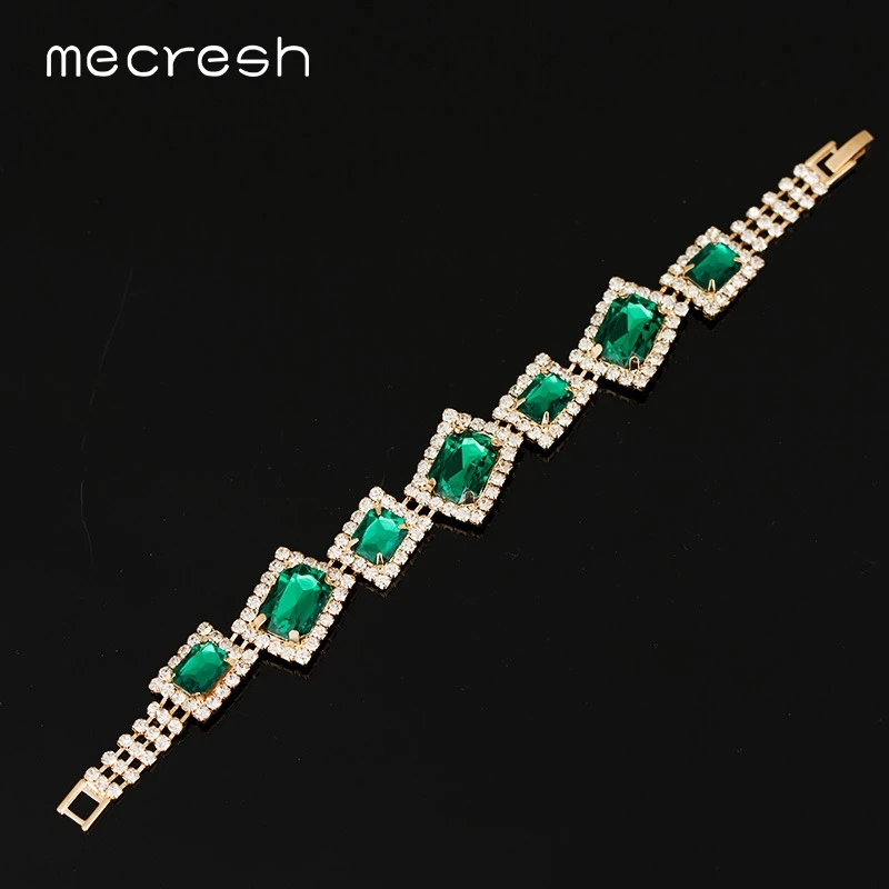 

Mecresh Vintage Green Rectangle Crystal Bridal Wedding Bracelet Bangle Jewelry Gothic Geometric Bride Bangles for Women MSL430