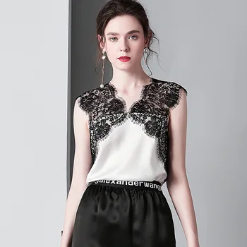 

silk blouse tops for women high quality sleeveless vest plus size casual sexy office dress shirts black white lace dropshipping