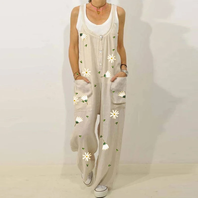 Retro Flower Print Cotton Linen Women Jumpsuit Summer Elegant Button Strappy Backless Bodysuit Sexy Pocket Loose Trousers Romper Retro Flower Print Cotton Linen Women Jumpsuit Summer Elegant Button Strappy Backless Bodysuit Sexy Pocket Loose Trousers Romper