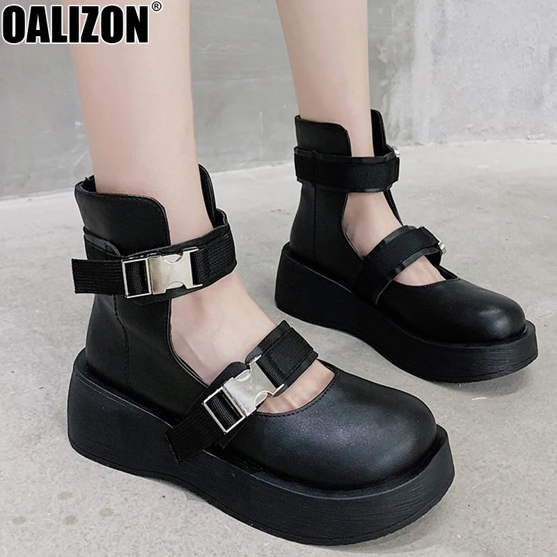 

Women Ladies Big Round Toe Buckle Button Hollow Out Flange Bottom Casual Ankle Buckle Flat Platform Boots Botas Mujer Shoes R641