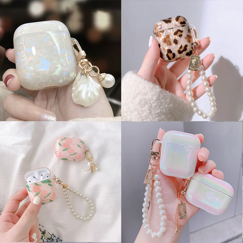New 3D Pearl Pendant Water Drop Rainbow Leopard Print Cover Rigida Per Cuffie Per Airpods 1 2 3 Pro Cuffie Custodia Per Auricolari Perla
