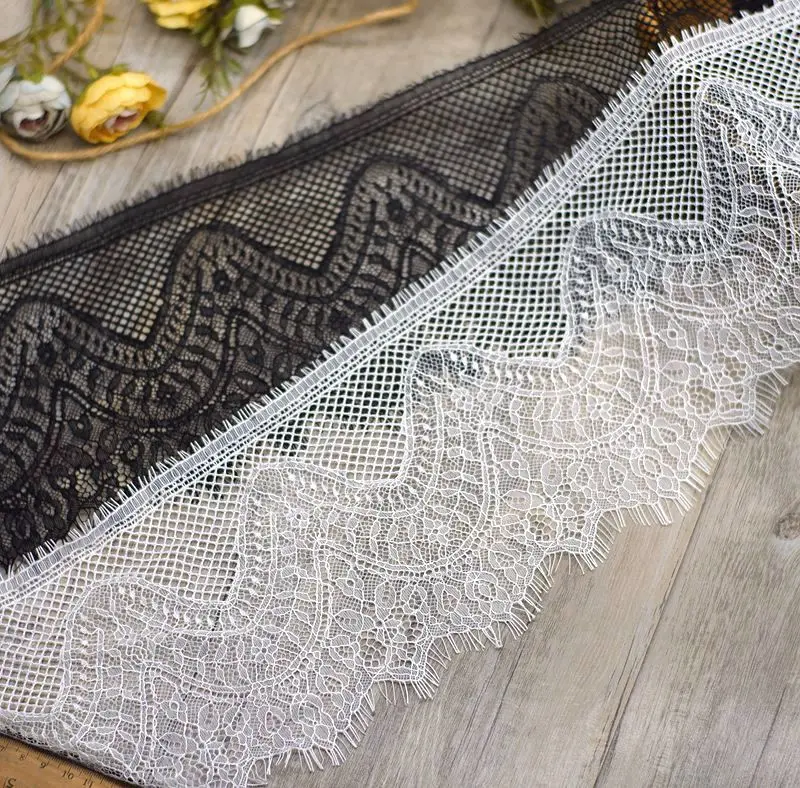 

6meters Thin enadine White Black Floral Embroidered Eyelash Lace Ribbon for Garment Decoration and DIY Craft Lace Trimming