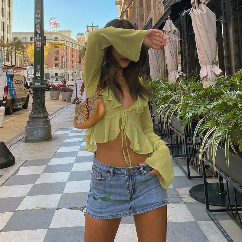 Fashion Boho Ruffle Blouse See-Through Lace V-Neck Tops For Women Long Sleeve Summer Shirt Party Beach Cropped Top 2025