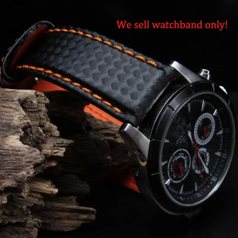 Men's Carbon Fiber Watch Strap with Red Stitching and Leather Lining, Stainless Steel Clasp