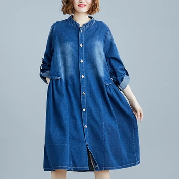 

Oversize Denim Dress Autumn Winter 2020 Women Long Sleeve Embroidery Butterfly Loose Plus Size Jeans Dress pleated Shirt Dresses
