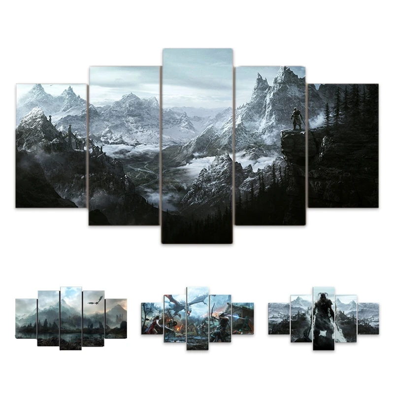5 Piece Video Game Skyrim Dragon Posters and HD Prints Landscape Pictures Canvas Painting for Living Room Wall Art Home Decor (3)