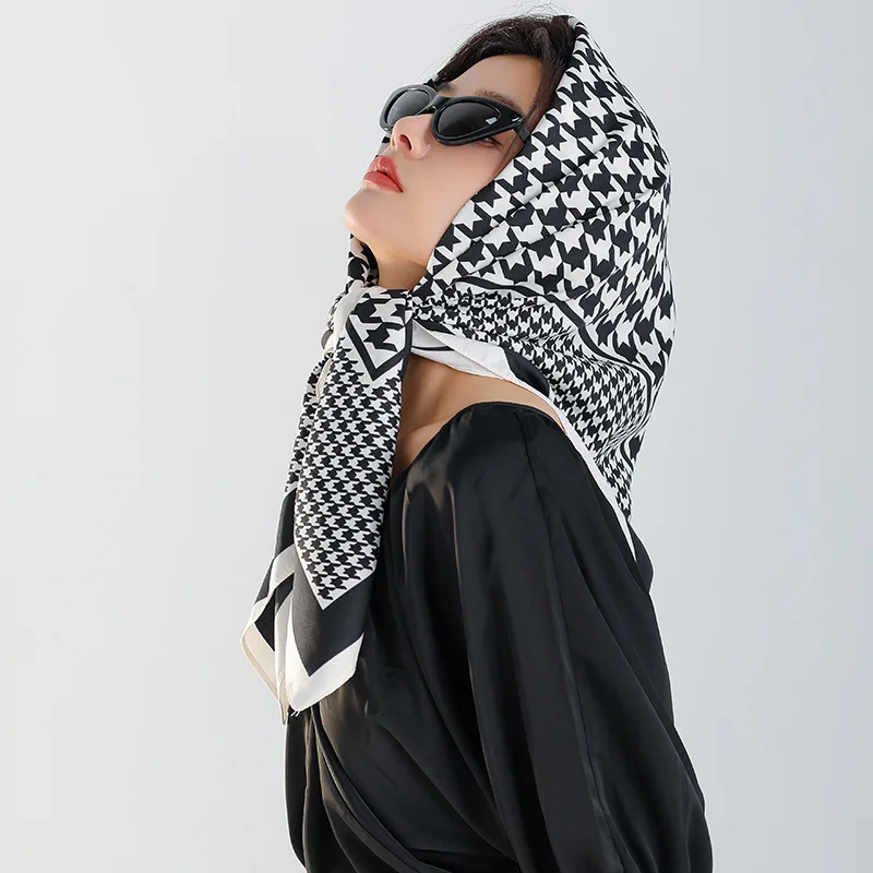 Imitate Twill Silk Scarf Women Fashion Elegant Houndstooth Shawl Stole Hijab Head Neck Kerchief Headscarf 90*90cm