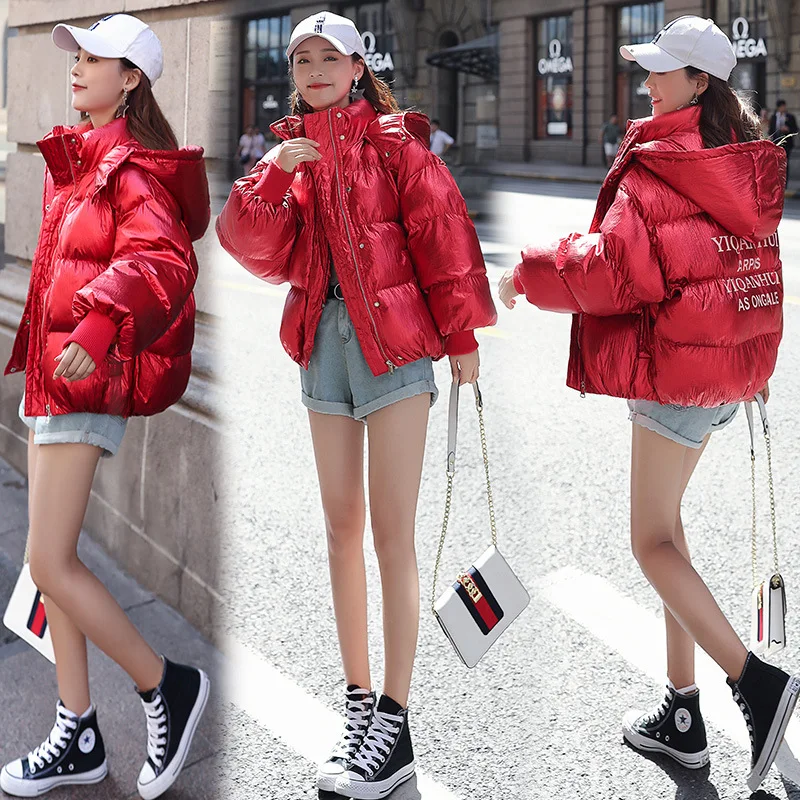 

Bright Red down Coat Cotton-padded Clothes Women's Short 2019 New Style Fall And Winter Clothes Bright Surface down Jacket Cotto