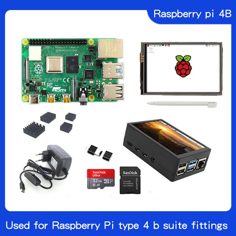  Raspberry Pi 4 Model B Kit 3.5 inch LCD 32GB SD Card ABS CaseHeat SinkUSB C Power Adapter for Raspb