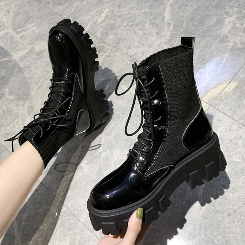 Botas De plataforma Punk para Mujer, Botines negros De cuero, Botas De fondo grueso, zapatos De plataforma De invierno