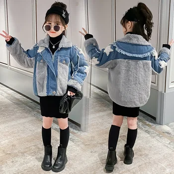 

Toddler Kids Warm Winter Fur Jeans Coat for Children 2020 New Pacthwork Denim Outerwear Bomber Jackets Teenage Girls Clothes 12Y