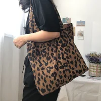 Retro Corduroy Women Large Shoulder Shopping Bags Vintage Ladies Thin Cotton Casual Tote Leopard Pattern Girls Handbags Vest Bag