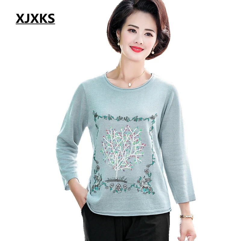 

XJXKS Women Spring Autumn Tops Emboridery Round Neck Thin Pullover Knitted Elegant Casual Sweater Women Sweaters And Pullovers