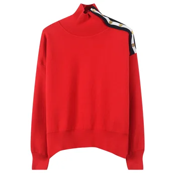 

Women Sweater 2019 Autumn and Winter New Women's Sports Striped Button Decoration Knit Top