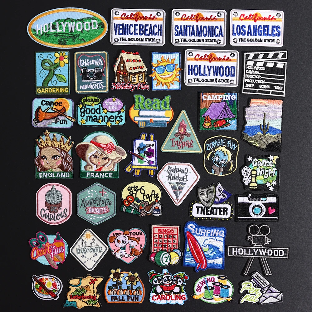 

High Quality Los Angeles Letter Patches Iron On Shark Embroidered for Clothes Christmas Read Jeans Hollywood Coat Hat Decor Fine
