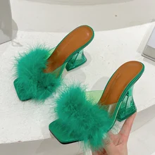  Size 35-41 Sexy Strange Transparent Heels Slippers Fashion Fur Feather Summer Sandals Peep Toe Slip-On Clear Shoes Women Slides 