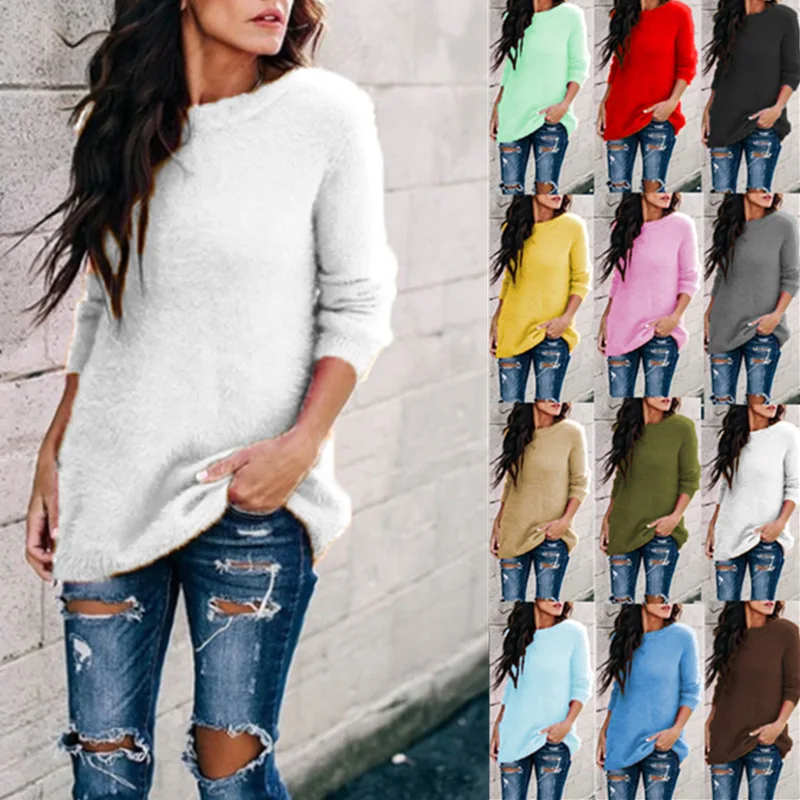 

Plus Size Women Sweater Autumn Winter Long Sleeve O-Neck Plush Warm Pullover Sweaters Solid Color Casual Slim Knitted Tops