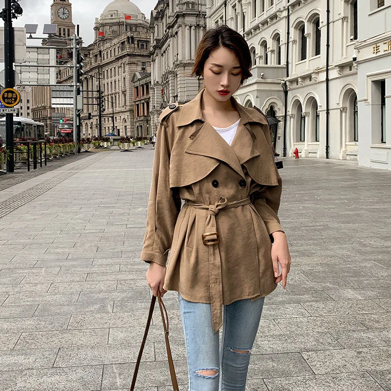 

Photo Shoot 2020 New Style Spring And Autumn Khaki Mid-length England Small Coat Short Trench Coat Women's Short Korean-style