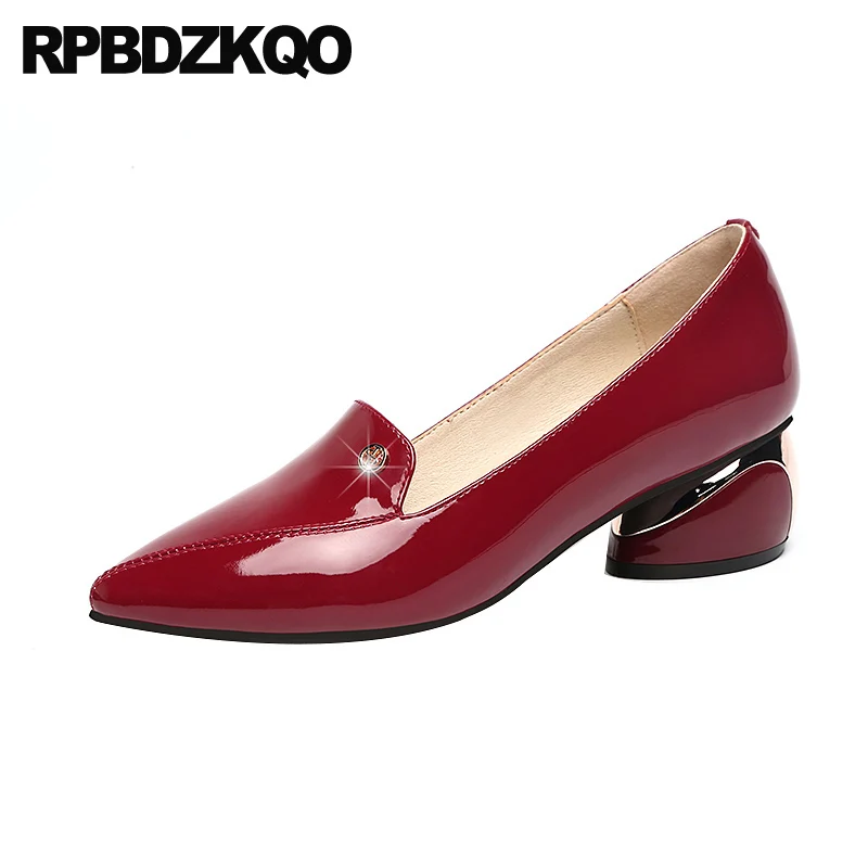 Wine Red Chunky Block Heels Shoes For Women Medium China Pointed Toe