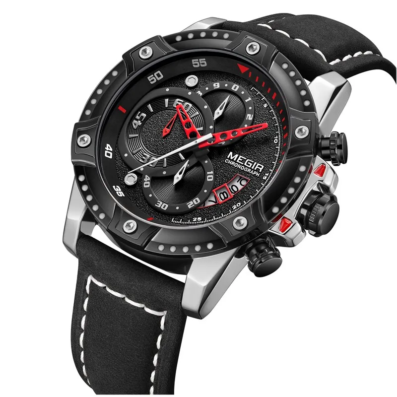 Gorben Luxury Male Watch Fashion Sport Stainless Steel Case Leather Band watch Quartz Business Wristwatch Men Gifts
