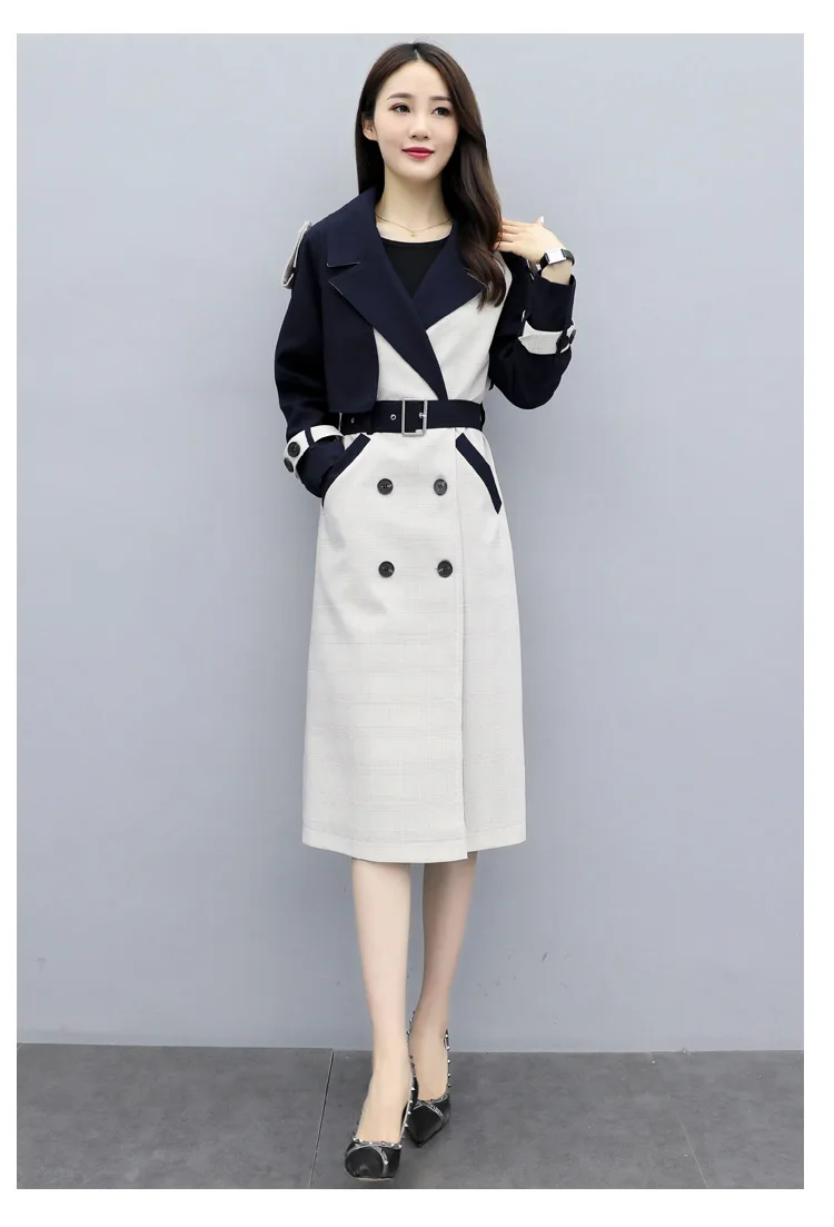 YASUGUOJI Новинка, приталенное пальто для женщин, Корейская ветровка, модное двубортное лоскутное длинное пальто, женское с поясом