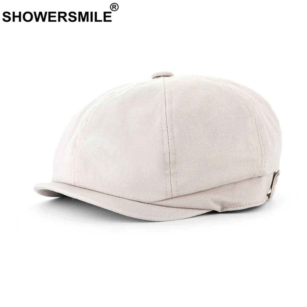 SHOWERSMILE White Newsboy Cap Unisex Men Women Cotton Octagonal Cap