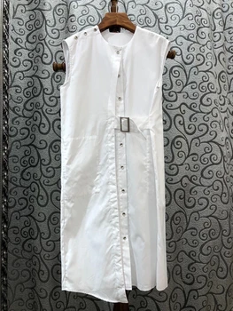 

2020 Spring and Summer New Women's round Neck One-Shoulder Button Decorative Side Buckle Sleeveless Dress 620