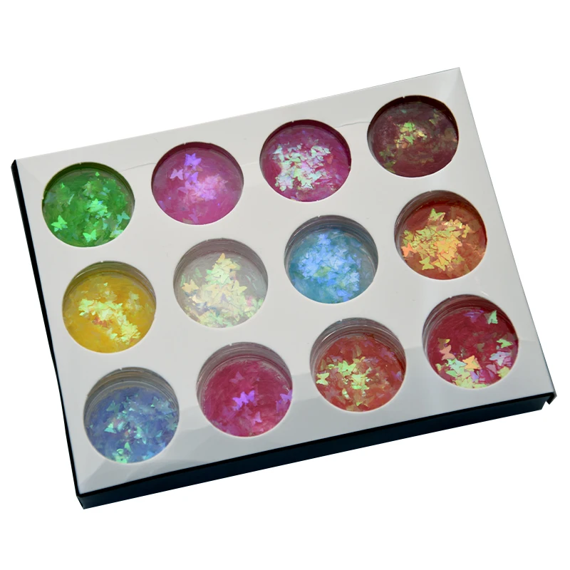 

1Set (12 Jar) Nail Butterfly Flake Holographic Glitter Sequin,3ML in a Jar Nail Art Glitter,12 Colors Chunky Loose Nails Glitter