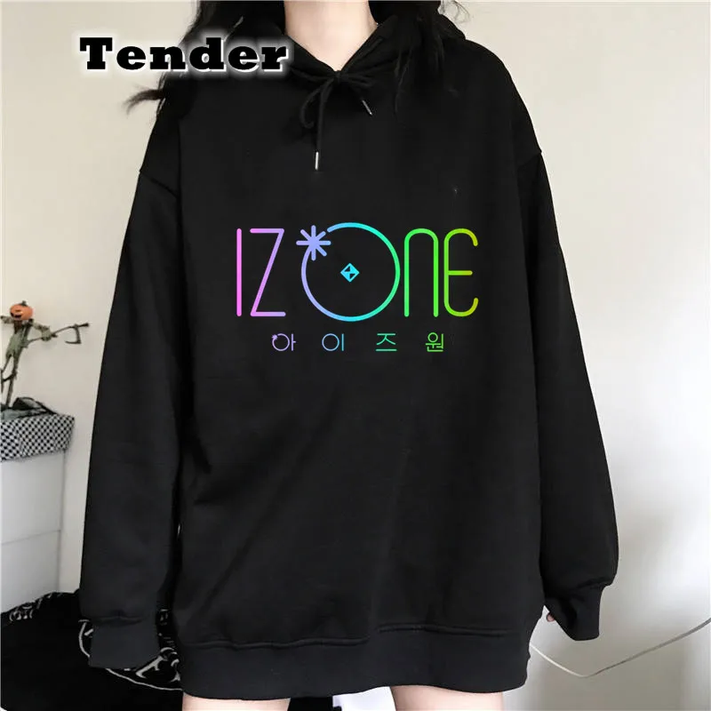 

2021 arrival izone graphic printing pullover hoodies women fleece loose sweatshirt grunge Long Sleeve Hooded Korean Kpop Hoody