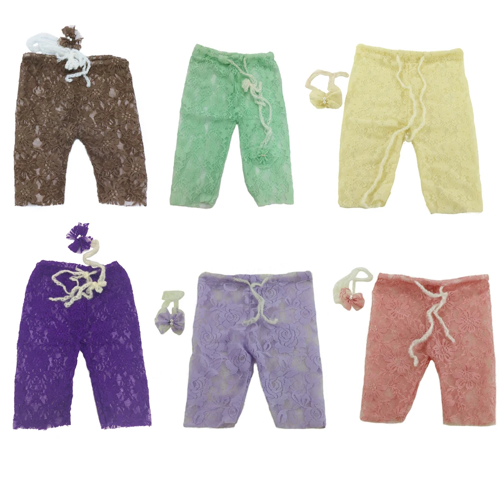 

Clearance! 3pcs/Set Handcraft Soft Stretch Lace Mini Baby Pants with matched headband full set Newborn Baby Photography Props