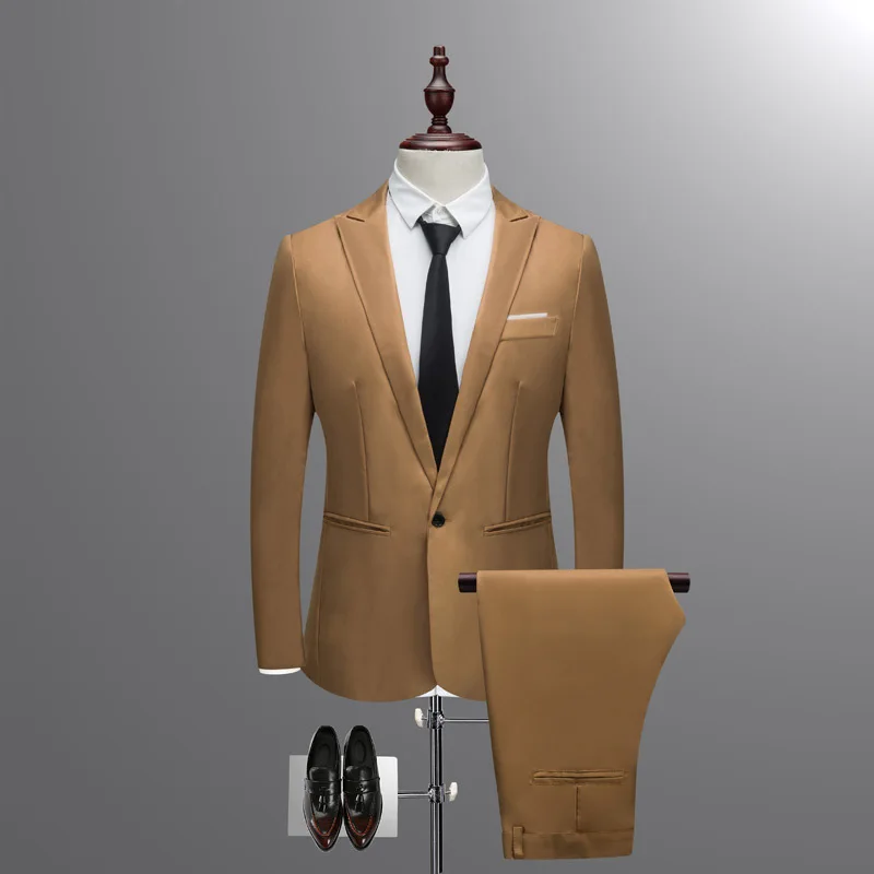 Куртка+ брюки новые мужские деловые тонкие костюмы наборы сплошной цвет свадебное офисное платье костюм из двух частей блейзеры пальто брюки жилет - Цвет: Хаки