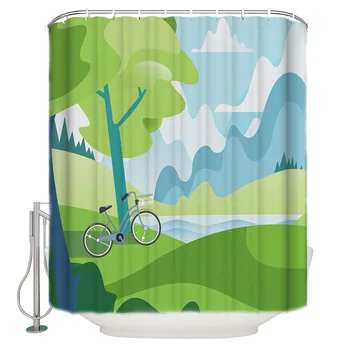 

Scenery Green Mountains And Rivers Wild White Clouds Shower Curtain Decor with Hooks Waterproof