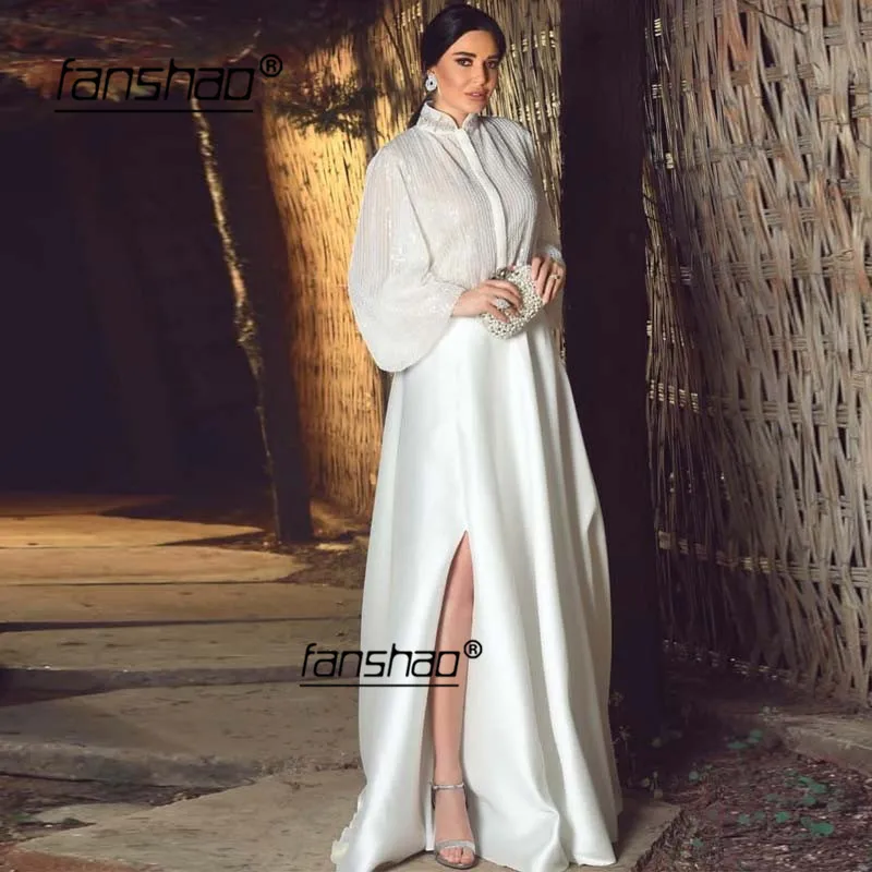 Платье белого цвета и цвета слоновой кости вечернее платье для мусульманских женщин одежда с длинным рукавом Кружева разрез ислам Дубаи Саудовская арабское вечернее платье для выпускного вечера