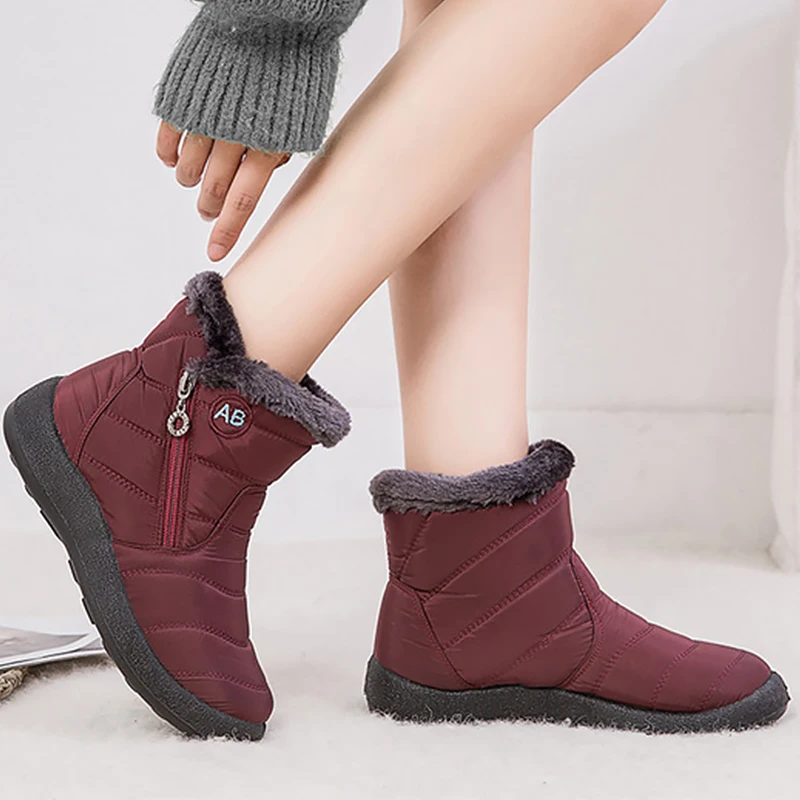 Women's Snow Shoes Nylon Plush Zipper Warm Ankle Boots For Women Sewing Solid Waterproof Winter Boots Woman
