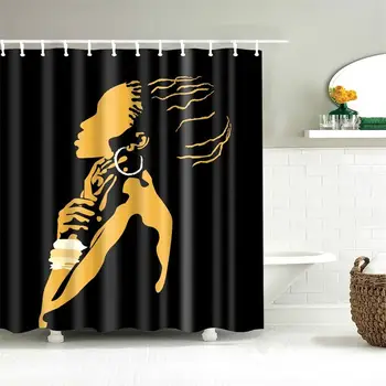 

Dafield African American Women Shower Curtain Long Eyelashes with Shining Gold Round Earrings Polyester Fabric Bath Curtains