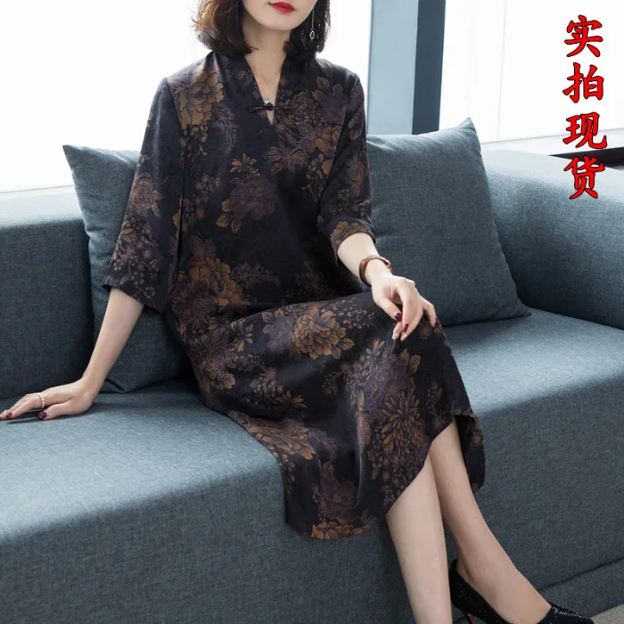 

As8066619 Silk Dress Women's 2019 Spring Summer New Style Chinese Style Printed Mulberry Silk Real Silk Medium-length