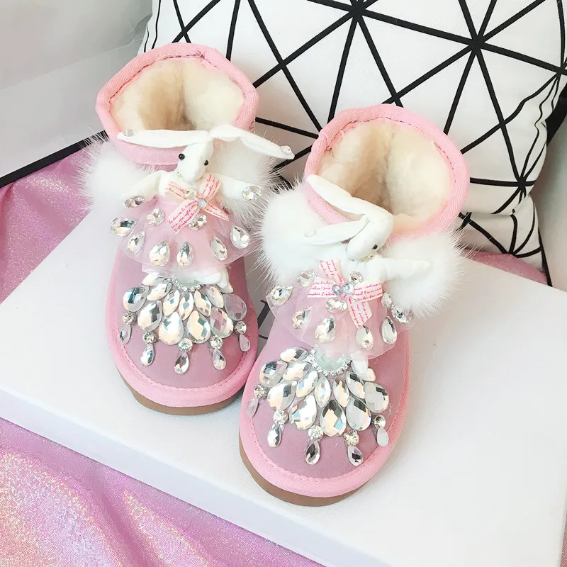 Новые зимние детские меховые детские теплые ботинки теплые ботильоны для девочек Детская обувь со стразами брендовые ботинки для малышей ботинки из натуральной кожи