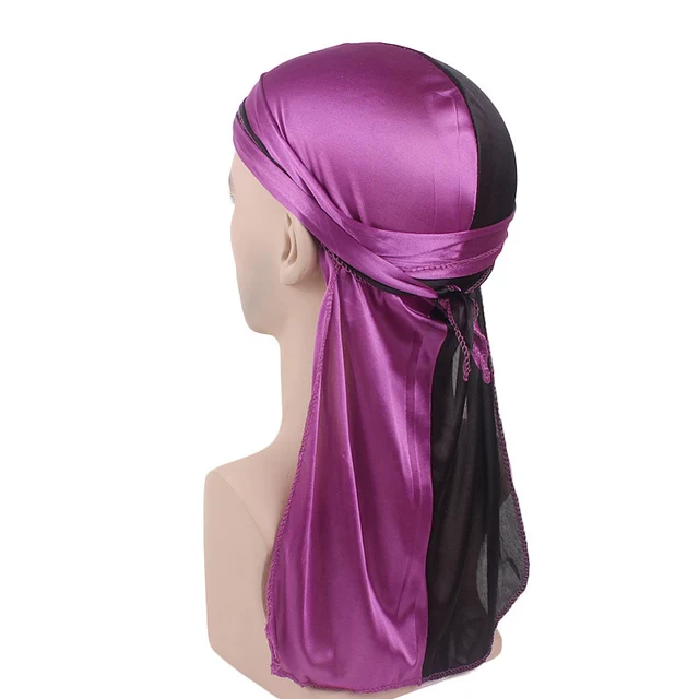 Men's Silky Durags Bandanas Turban hat Wigs Doo Men Satin Durag Biker Headwear Headband Hair Accessories Extra Long Tail Du-Rag Adult Purple black