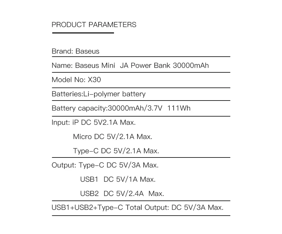 Baseus power Bank 30000 мАч 3 А Быстрая зарядка PD usb type C Быстрая зарядка портативный внешний аккумулятор повербанк для iPhone