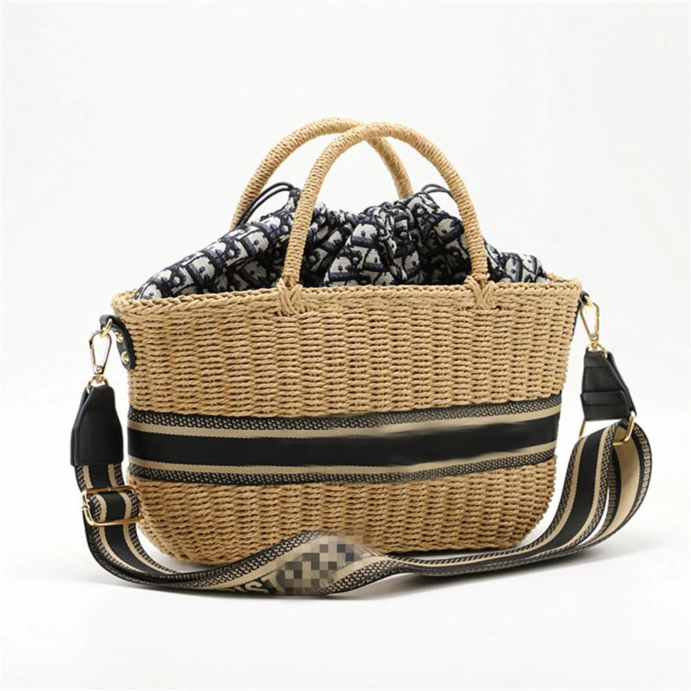 Bolso tejido de paja para mujer, bolso tejido a mano con cuerda de papel, Cuadrado redondo, bolso playero para vacaciones, color caqui