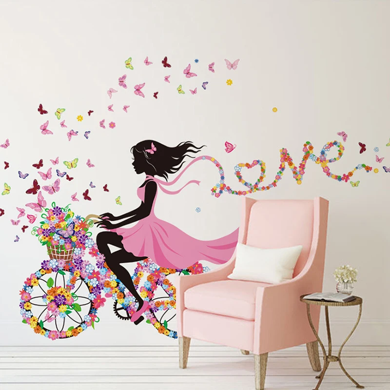 Wall Stickers 3d butterfly bike girl wall sticker home decoration removable flower bicycle wall decal for living room