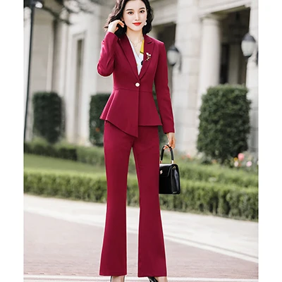 Женский элегантный брючный костюм, тонкий, модный, формальный, черный, белый, длинный рукав, симметричный блейзер с брюками, офисный Женский Костюм 4XL - Цвет: Red Pant Suits