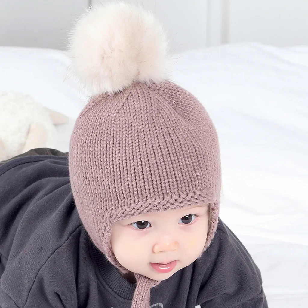 Зимняя шапка для маленьких мальчиков и девочек, милые шапочки с наушниками, теплая шапка, вязанная крючком, помпон, Хлопковый чепчик для новорожденных, аксессуары