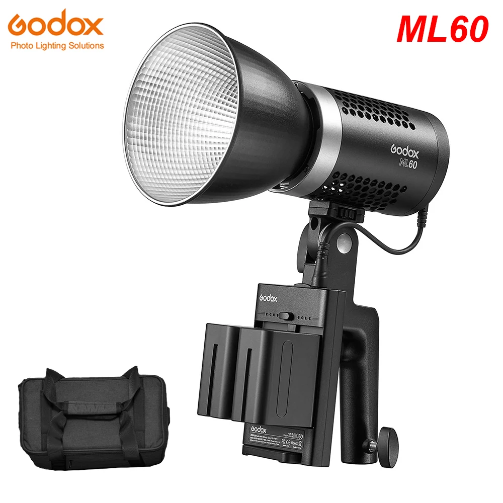 US $320.00 Godox ML60 60W Silent Mode Portable Handheld LED Video Light 077Kg 5600K Daylight Balanced CRI 96 TLCI 97 Dual Power Solutions