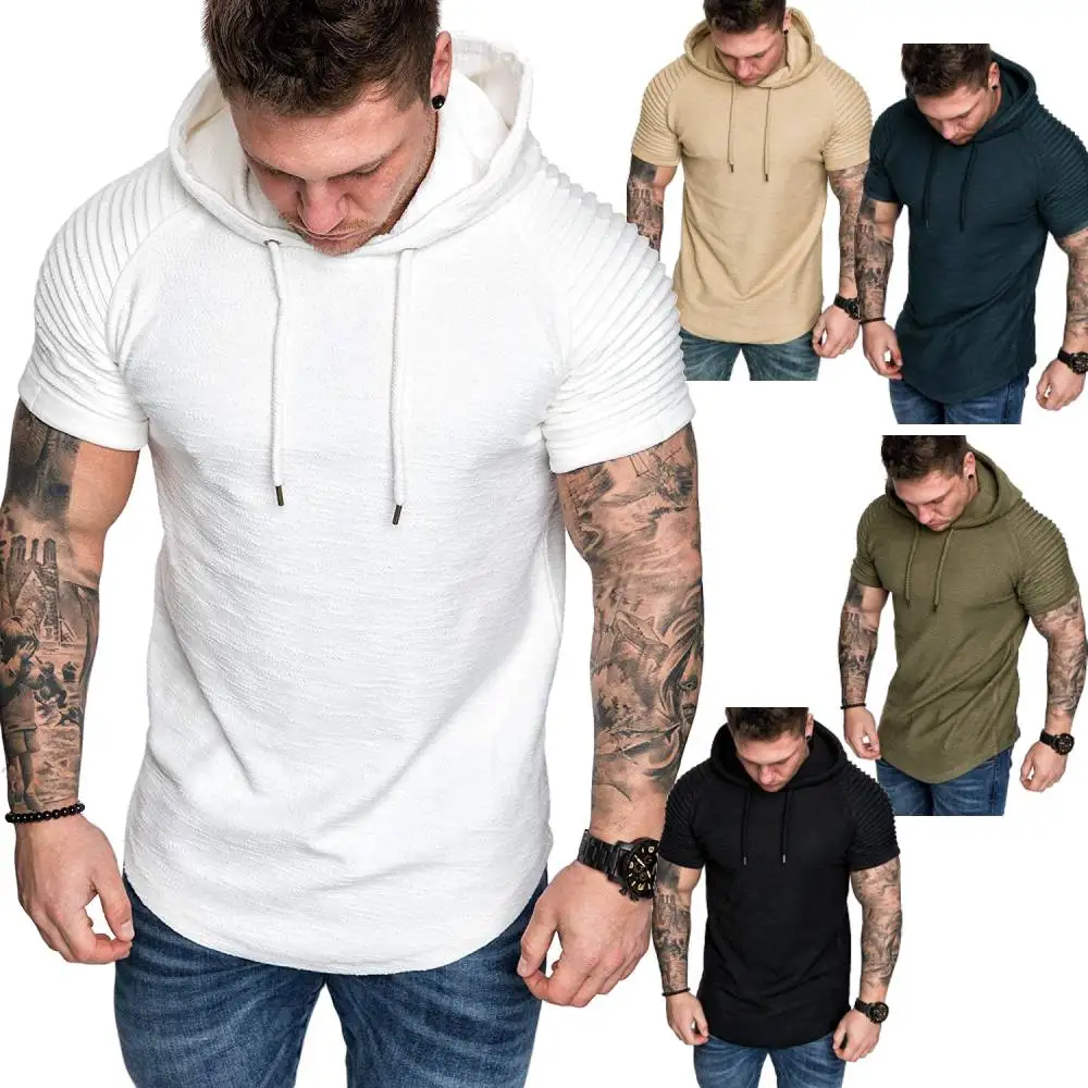 

Mens T Shirt Wrinkle Raglan Short Sleeve Hooded Topshirts Male Army T-Shirt Casual Sports Hoody Top Tees Military Tshirts